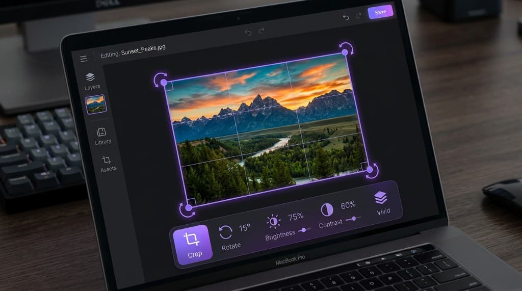 Manual editor toolbar with crop, rotate, and adjustments