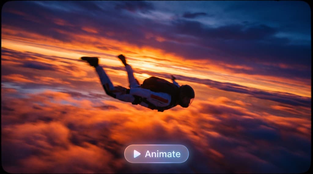 Skydiver image with animate button for image to video