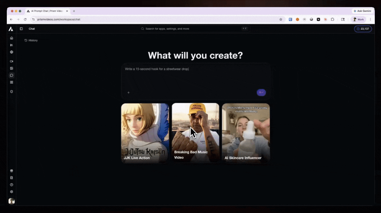 Prism AI Assistant showing how to mimic a reference video in Prism